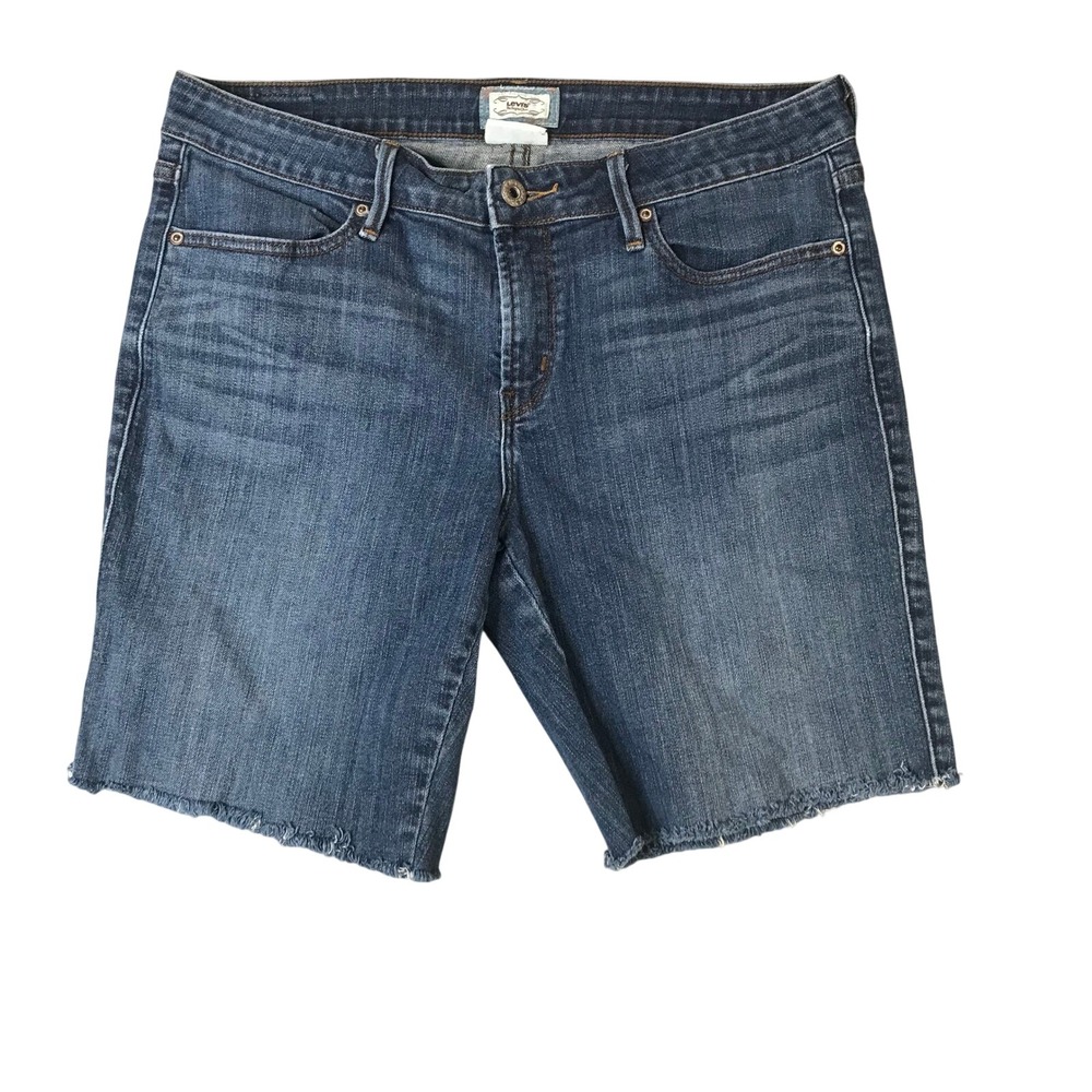 Levis Bermuda Shorts Women 33 Mid Rise Raw Hem Denim Medium Wash Cut Off